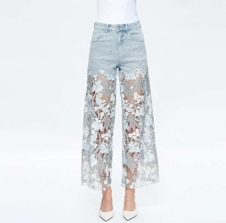 High Rise Wide Leg Jeans with Lace