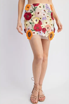 3D Flower Patch Embroidery Mini Skirt