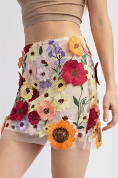 3D Flower Patch Embroidery Mini Skirt