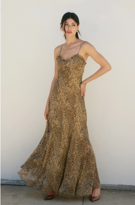 Ash Panther Ruffle Flared Maxi Dress