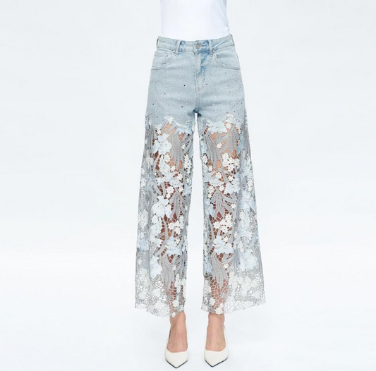 High Rise Wide Leg Jeans with Lace