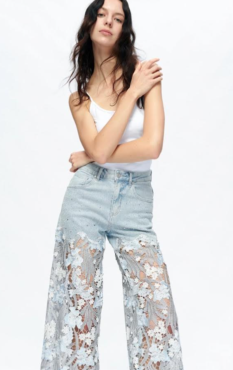 High Rise Wide Leg Jeans with Lace
